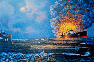 Painting of a ship on fire in the ocean